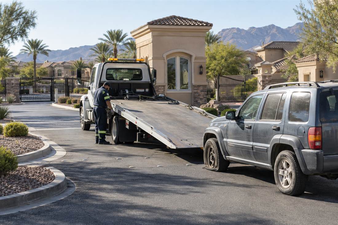 Tow truck preparing to remove a non-running SUV from a gated Henderson community