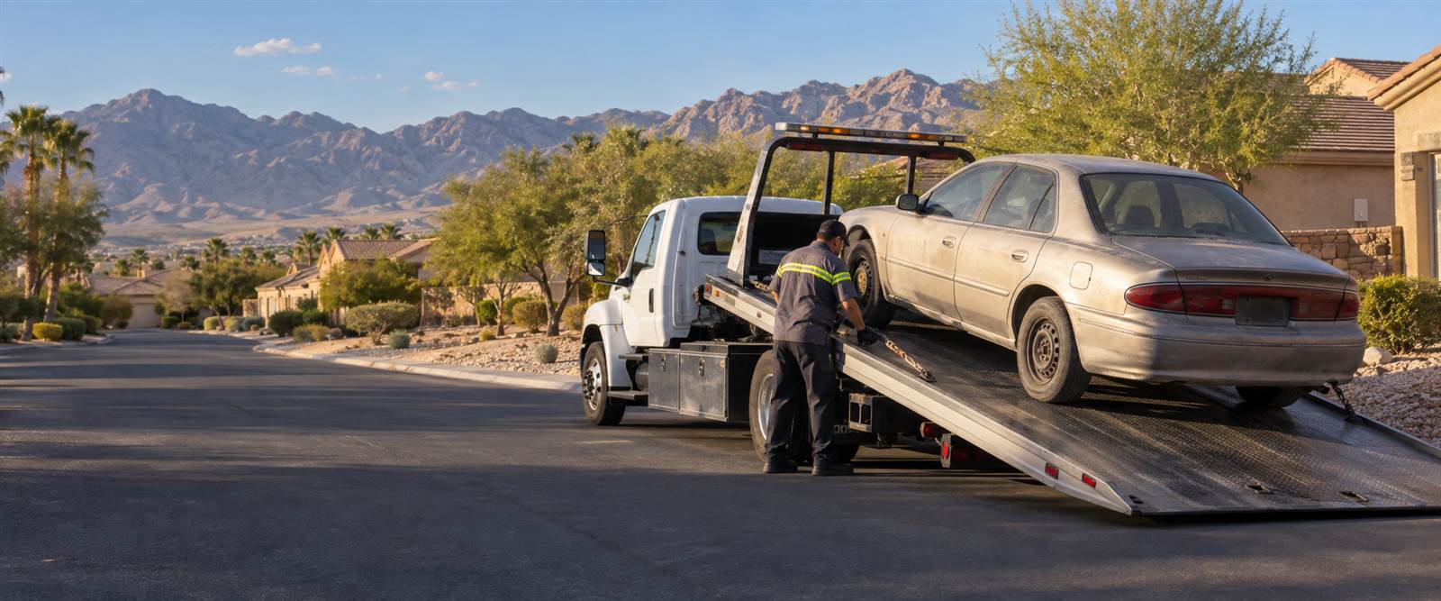 Flatbed tow truck collecting an older car in a Henderson Nevada neighborhood