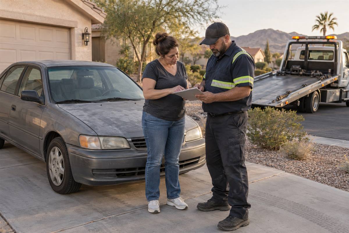 Vehicle owner reviewing pickup documents with a tow operator in Henderson