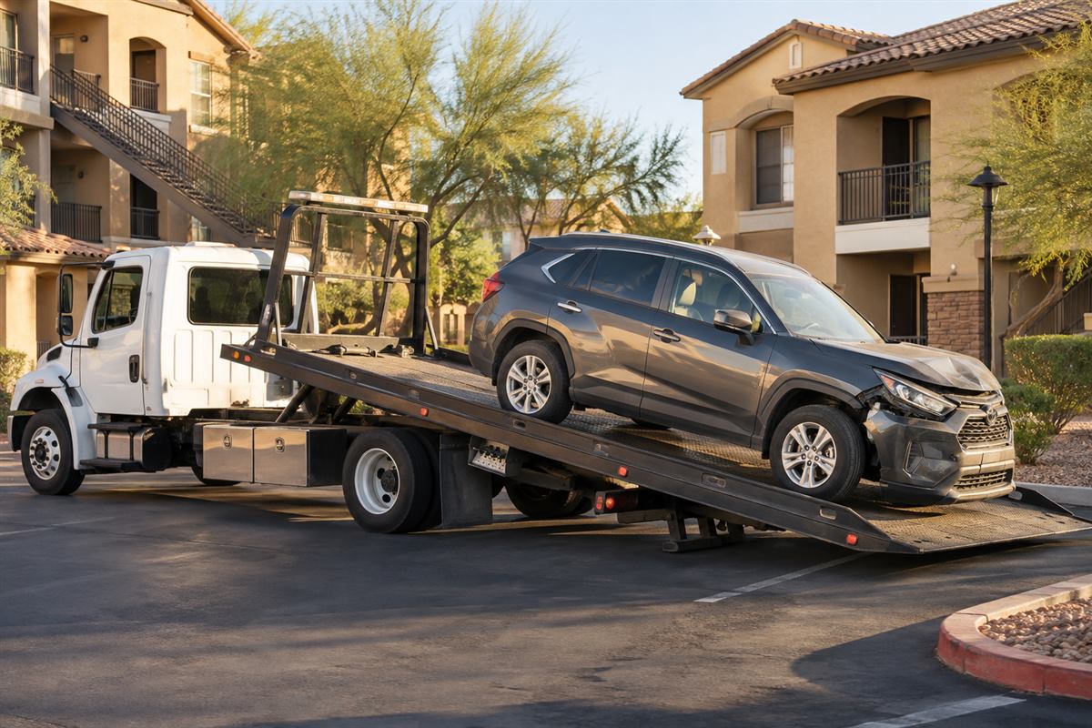 Flatbed tow truck loading an accident-damaged SUV in Las Vegas