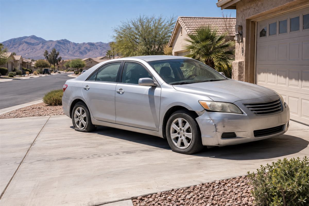 Older sedan with a flat tire in a Las Vegas driveway awaiting removal