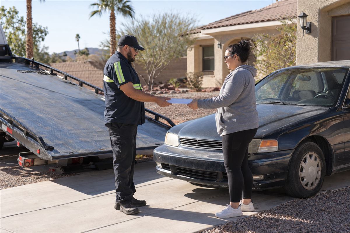 Vehicle owner receiving payment from a tow driver at junk car pickup in Las Vegas