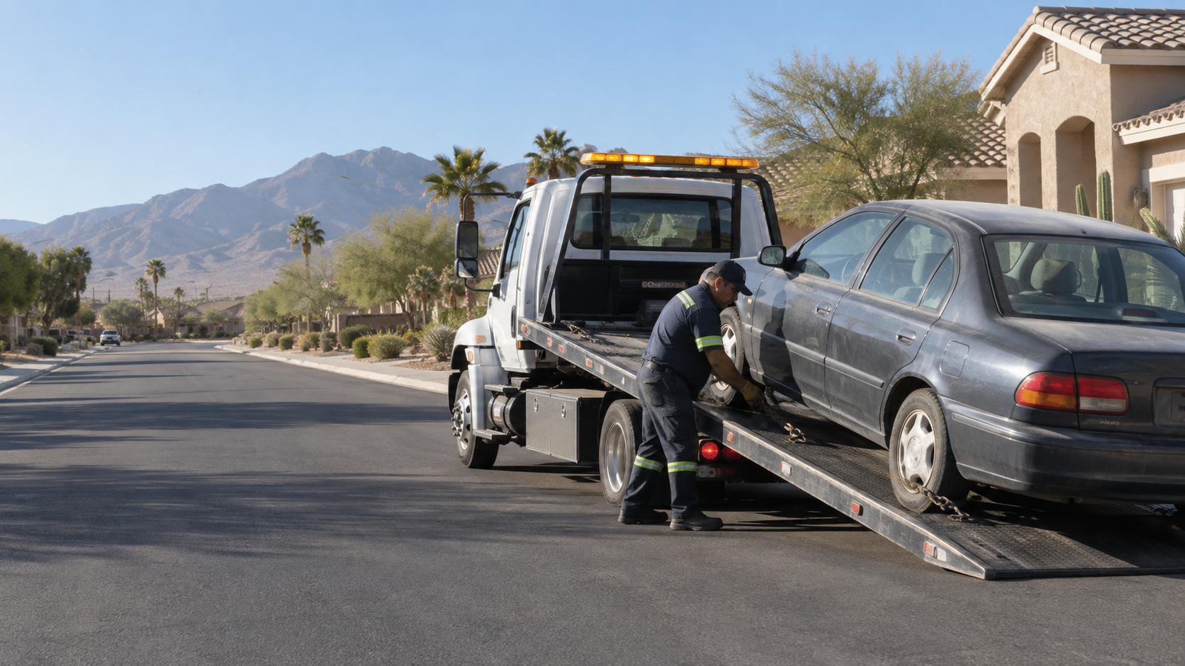 Flatbed tow truck collecting a high-mileage sedan in a North Las Vegas neighborhood