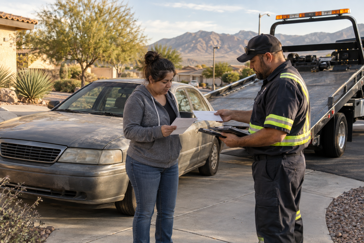Vehicle owner reviewing pickup documents with a tow operator in North Las Vegas