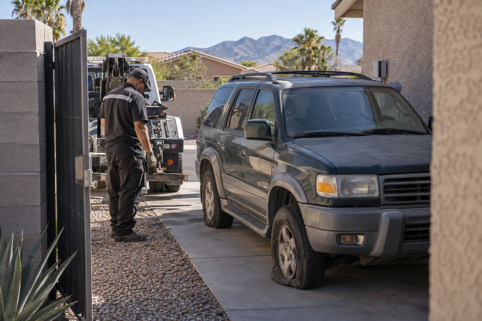 Tow operator checking access to a non-running SUV behind an RV gate in North Las Vegas