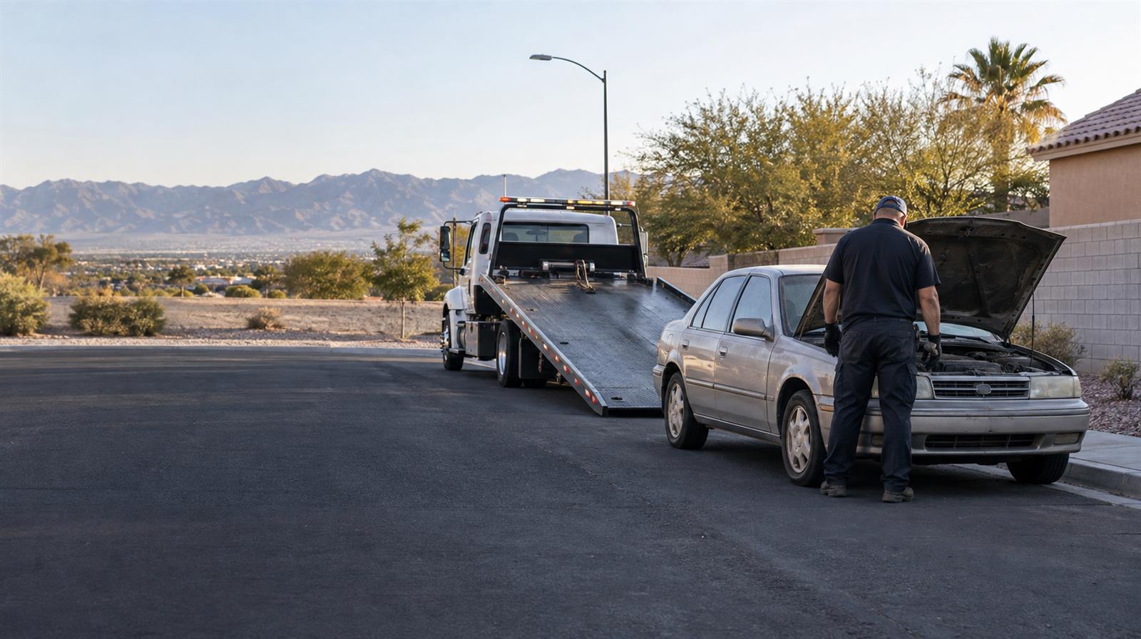 Tow operator inspecting an older non-running car beside a flatbed truck in the Las Vegas Valley
