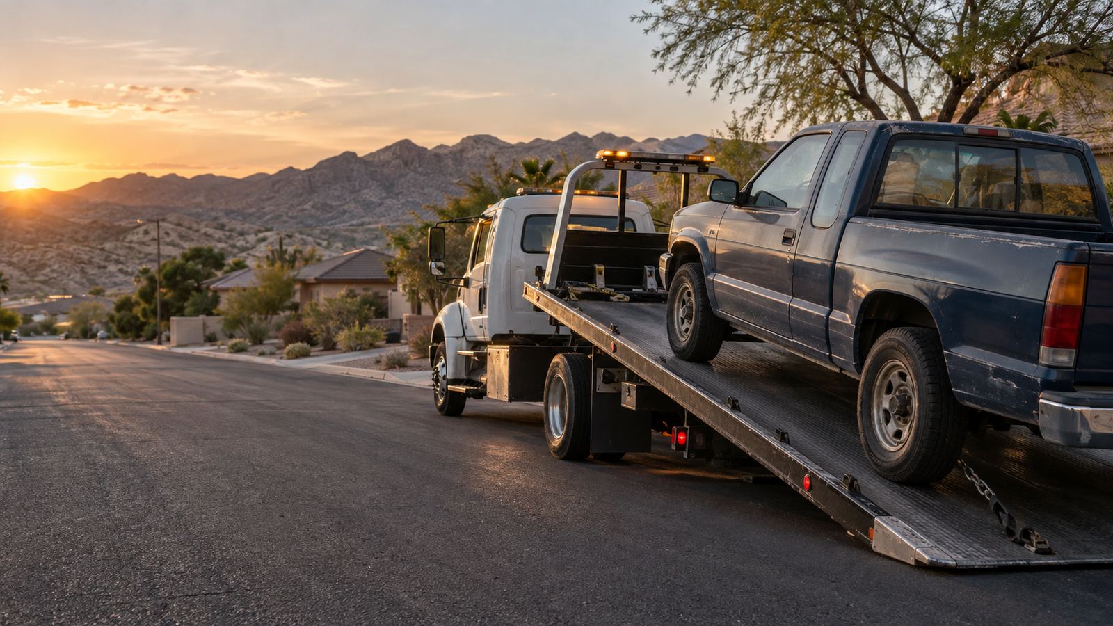 Flatbed tow truck collecting an older pickup in a Boulder City Nevada neighborhood