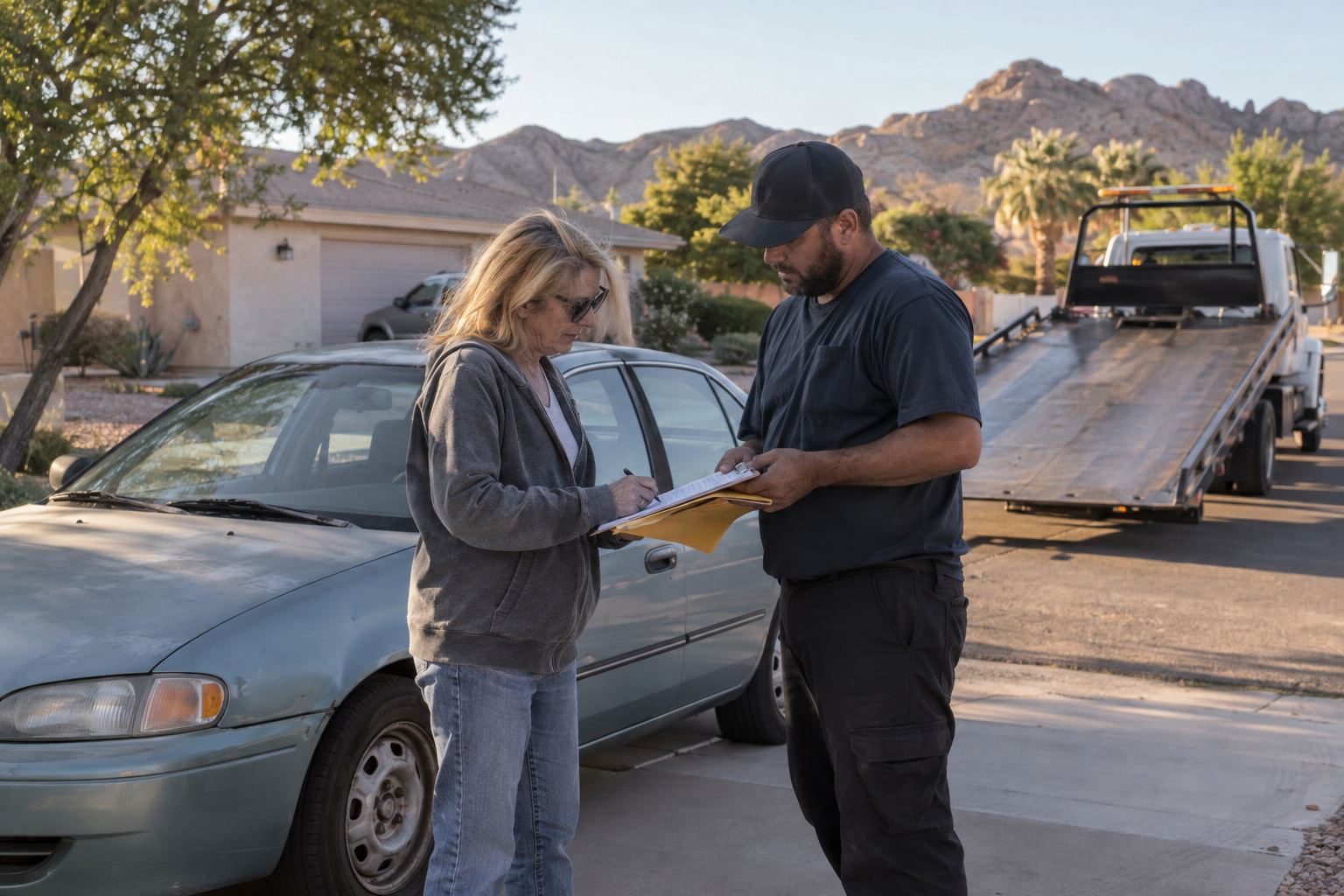 Boulder City vehicle owner completing sale paperwork beside an older car and tow truck