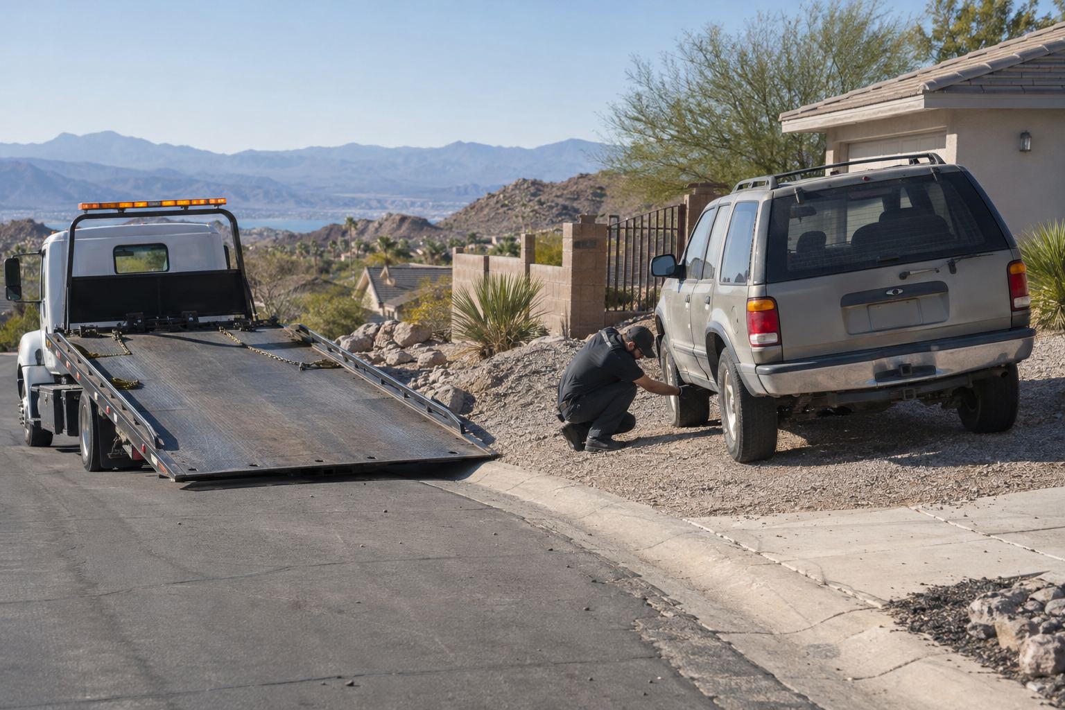 Tow operator checking a non-running SUV on a sloped Boulder City gravel driveway