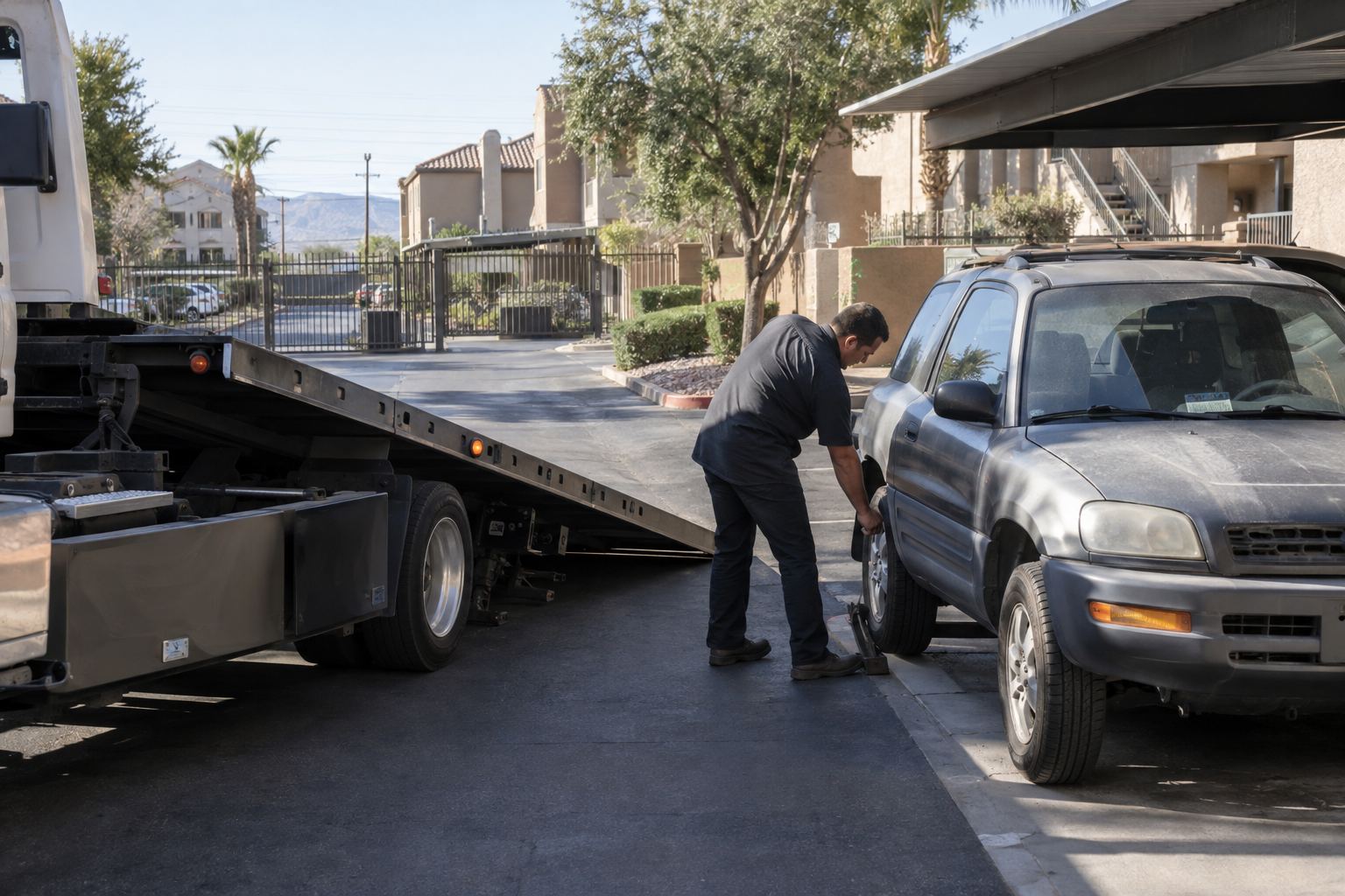 Tow operator preparing a non-running car for pickup from an Enterprise apartment community