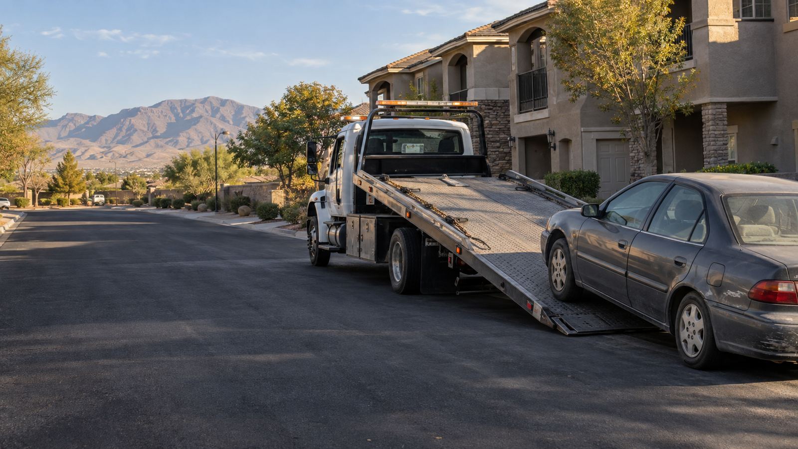 Flatbed tow truck collecting an old car in an Enterprise Nevada neighborhood
