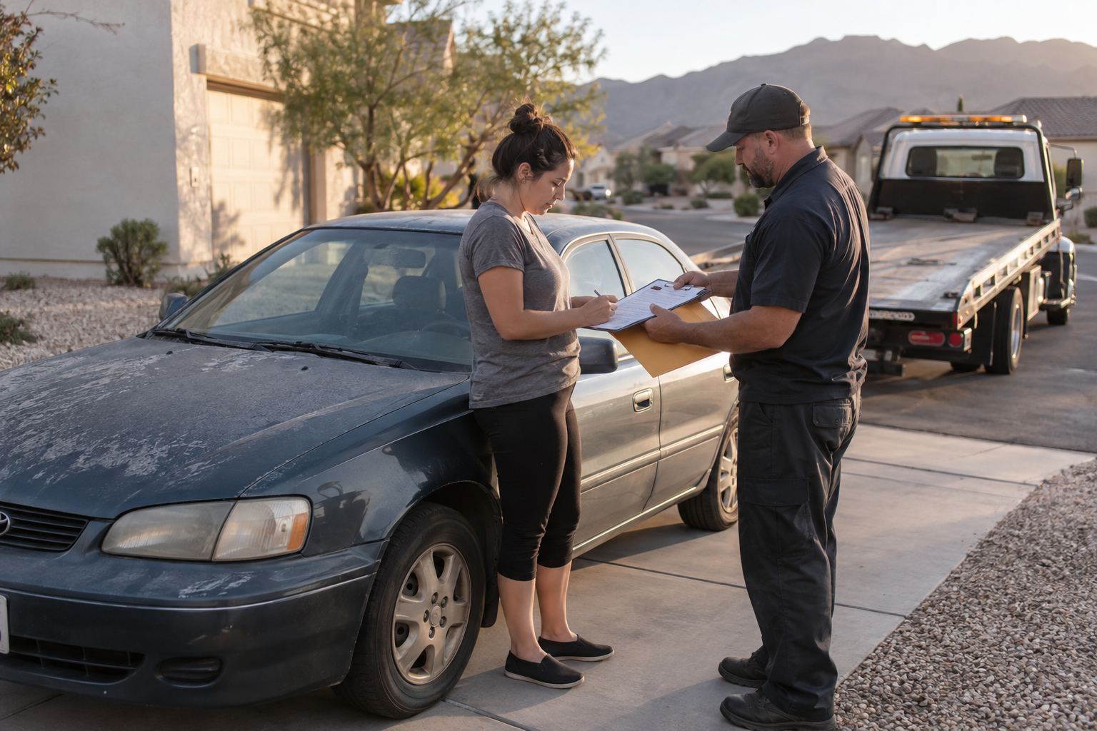 Enterprise vehicle owner completing sale paperwork at junk car pickup