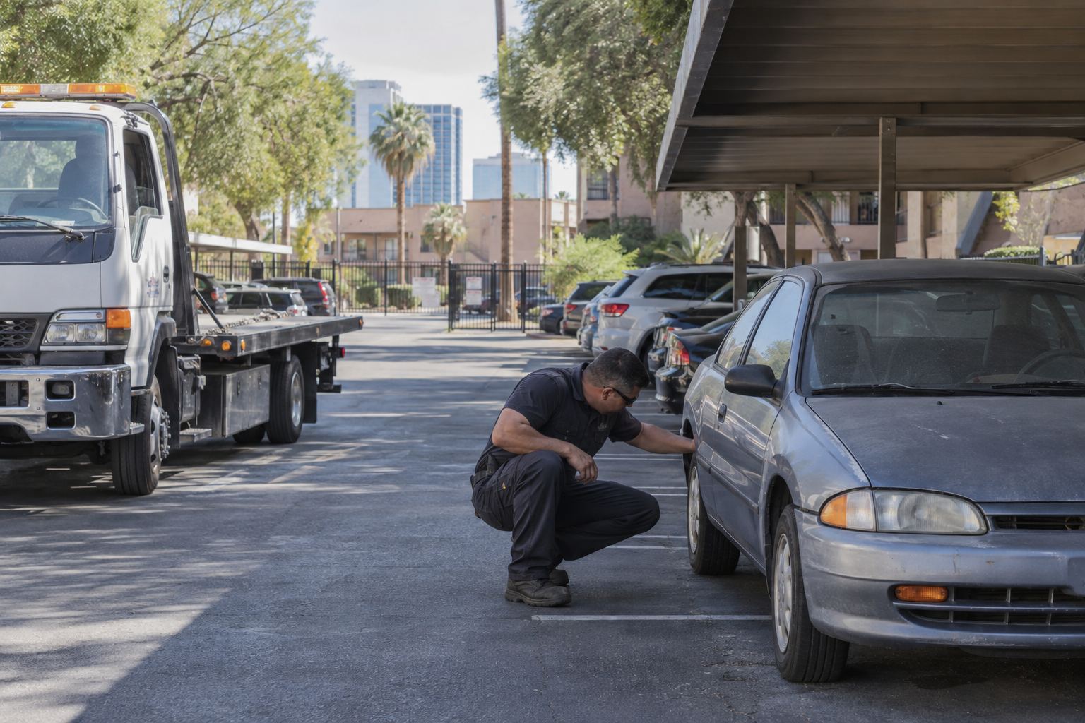 Tow operator checking a non-running car in a covered Paradise apartment parking lot