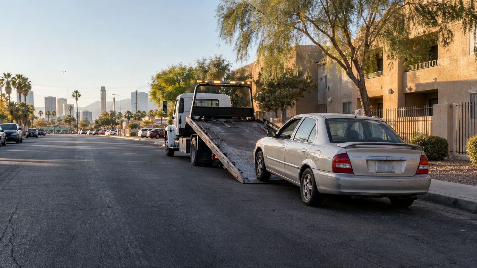 Flatbed tow truck collecting an older car from a Paradise Nevada neighborhood