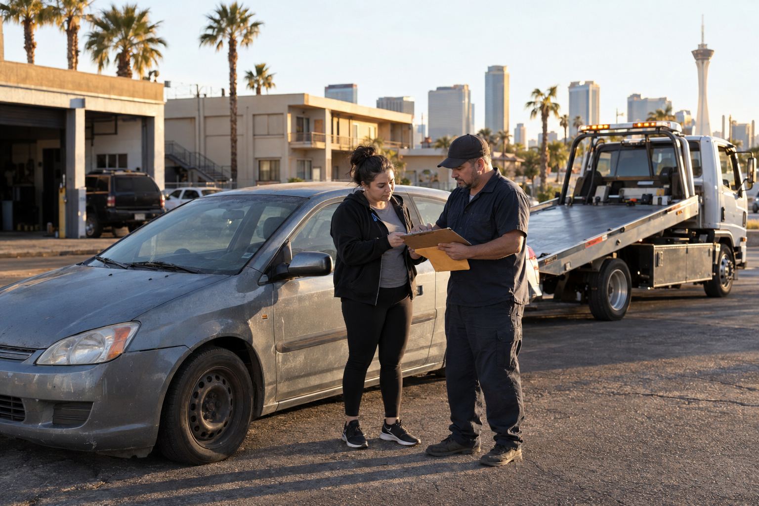 Paradise vehicle owner completing sale paperwork beside a junk car and flatbed truck