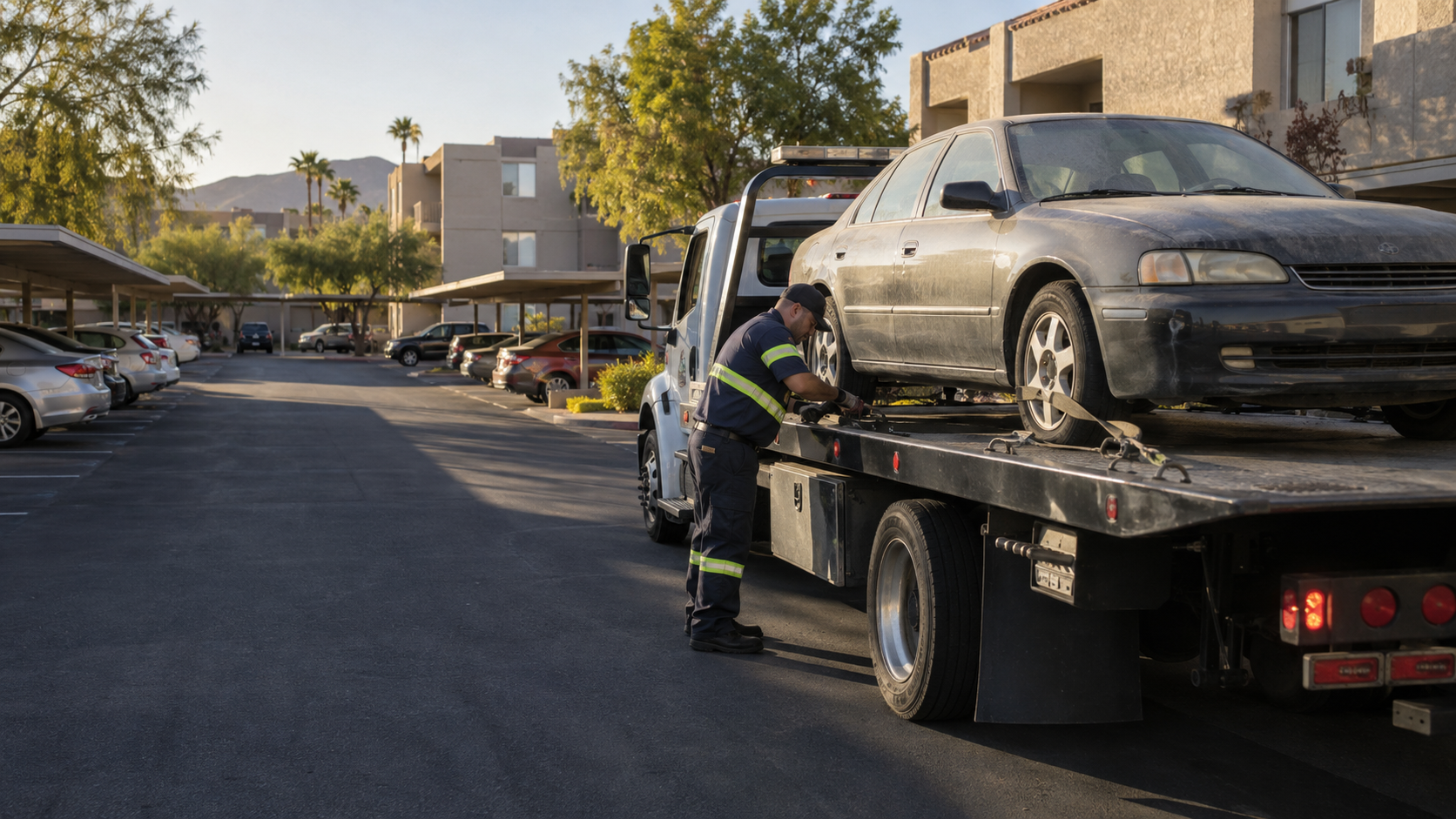 Flatbed tow truck collecting a non-running sedan from a Spring Valley apartment parking lot