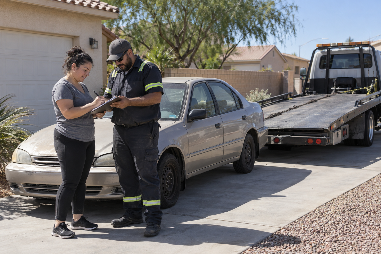 Spring Valley vehicle owner completing pickup paperwork with a tow operator
