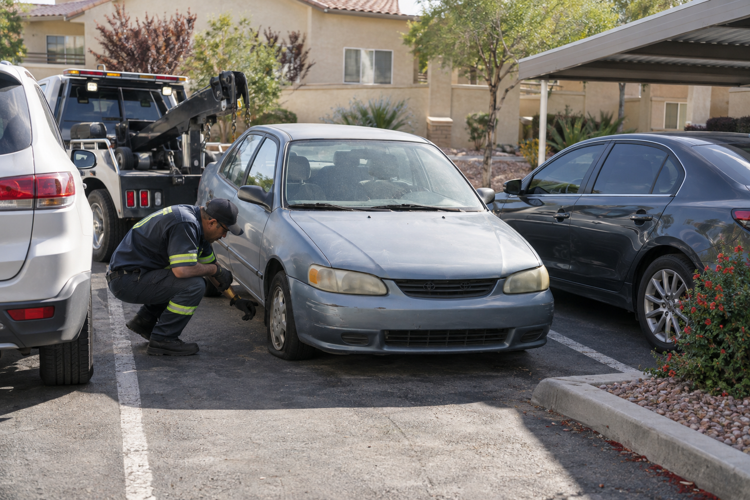 Tow operator checking access to a non-running car in a Spring Valley shared parking lot