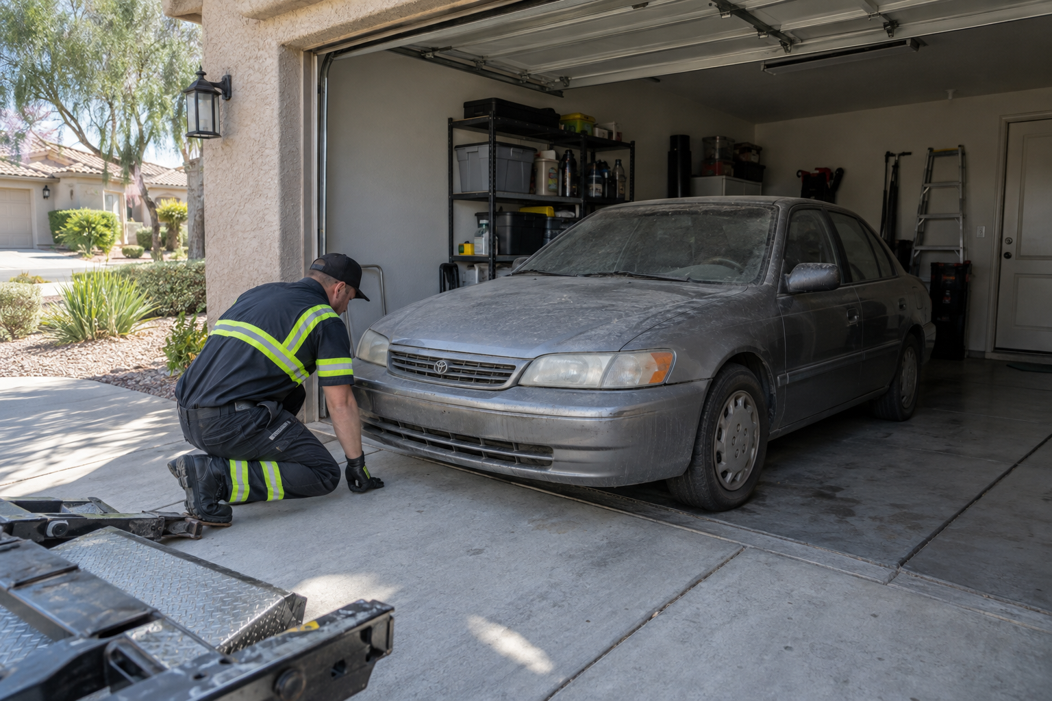 Tow operator checking a non-running car inside a Summerlin garage