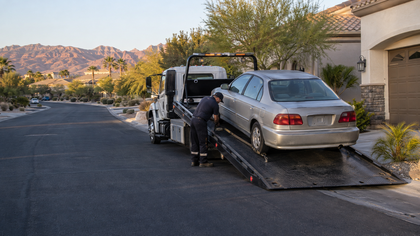 Flatbed tow truck collecting an unwanted sedan from a Summerlin home