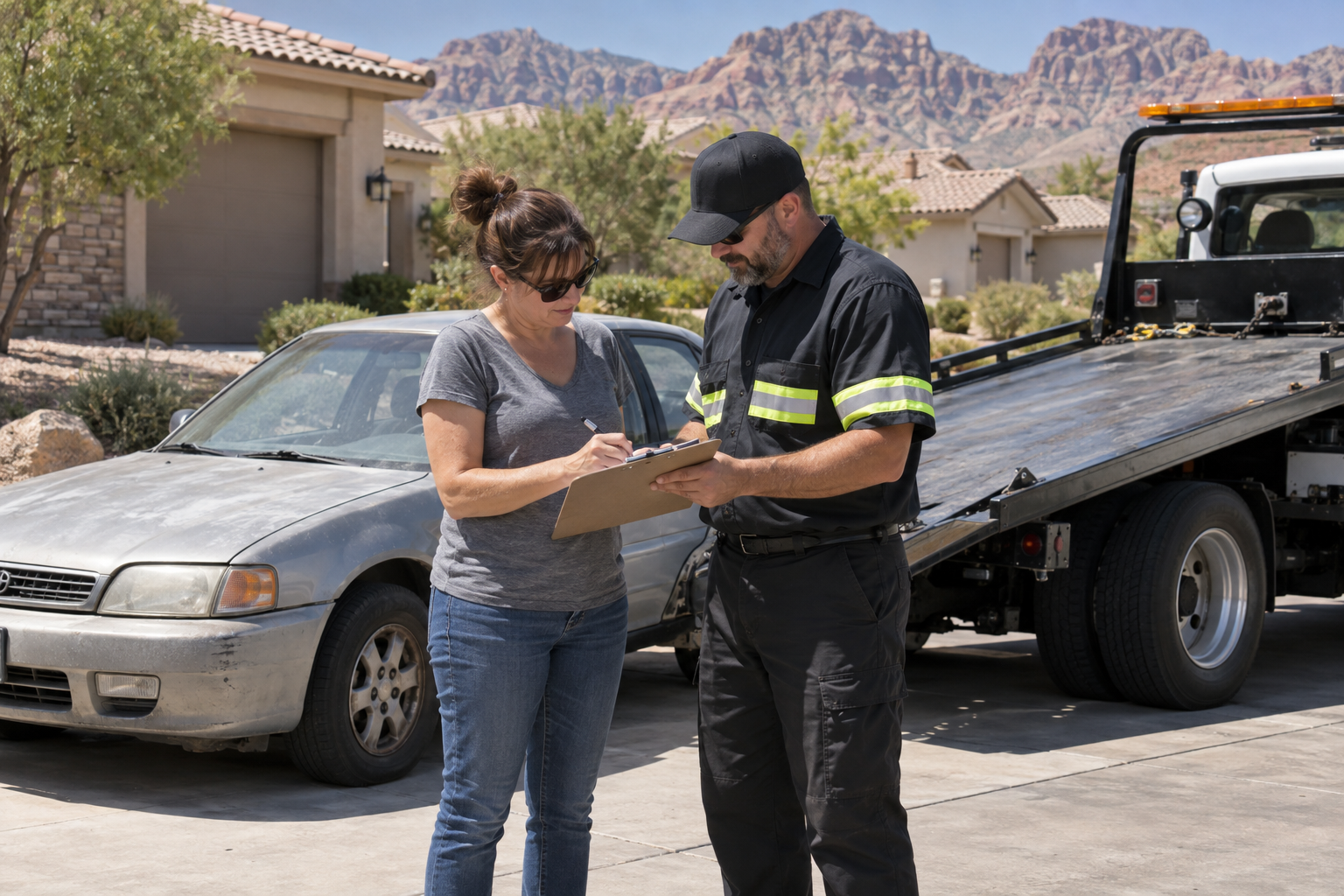 Summerlin vehicle owner completing pickup paperwork with a tow operator
