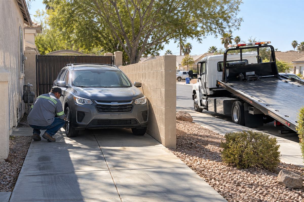 Tow operator checking access to a non-running SUV in a narrow Sunrise Manor driveway
